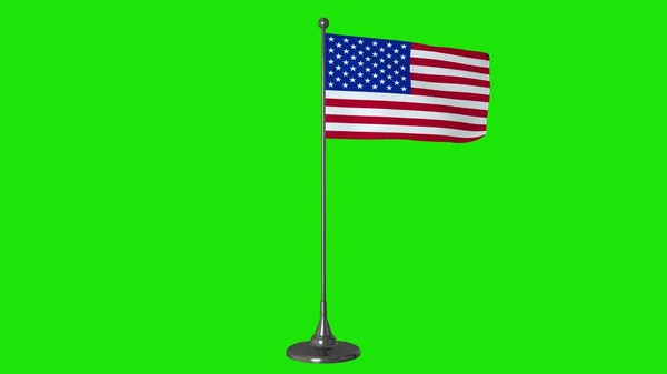 Μικρή σημαία των ΗΠΑ κυματίζει σε κοντάρι σημαίας. Πράσινο φόντο οθόνη. 3d απόδοση — Φωτογραφία Αρχείου