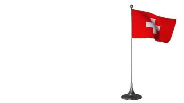 Suíça pequena bandeira agitando em um mastro de bandeira. Fundo de tela branca, canal alfa 4K — Vídeo de Stock