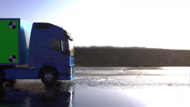 Camião, caravana na estrada, auto-estrada. Transporte, conceito de transporte logístico. Rastreamento de tela verde simples. Renderização 3d — Vídeo de Stock