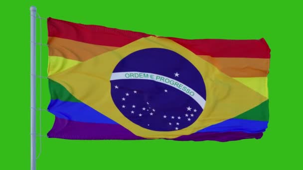 Gay Βραζιλία Pride Flag κυματίζει στον άνεμο σε πράσινο φόντο οθόνη — Αρχείο Βίντεο