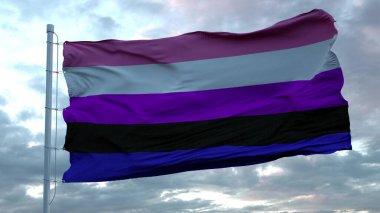 Genderfluidity Pride Flag şehri rüzgarda sallanıyor güzel bulutlara karşı gökyüzü. 3d oluşturma