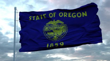 Oregon bayrağı, güzel bulutlara karşı rüzgarda dalgalanıyor. 3d oluşturma