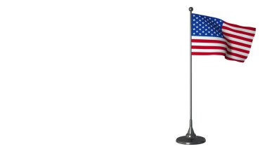 Bayrak direğinde dalgalanan küçük Amerikan bayrağı. Beyaz ekran arkaplanı, 3d görüntüleme