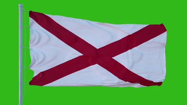 Изолированный флаг Алабамы на флагштоке, развевающемся на ветру, 3d рендеринг — стоковое фото
