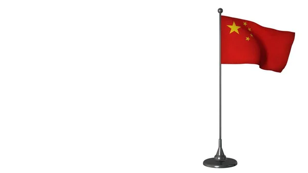 China pequena bandeira balançando em um mastro de bandeira. Fundo de tela branca, renderização 3d — Fotografia de Stock