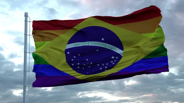 Drapeau de la fierté du Brésil gay agitant dans le vent contre de beaux nuages profonds ciel. Rendu 3d — Photo
