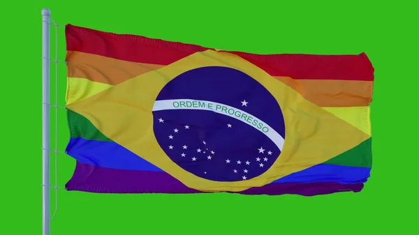 Gay Brazil Pride Flag waving in the wind against green screen background. 3d rendering — Stock Photo, Image