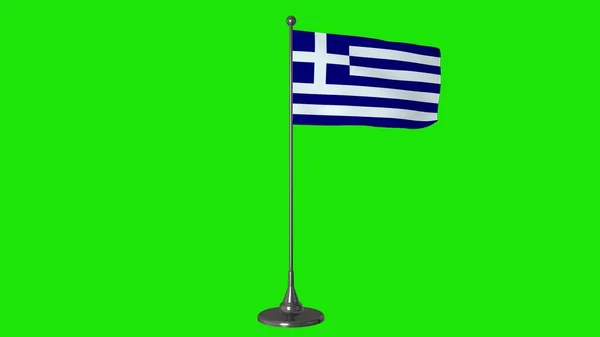Греция маленький флаг развевается на флагштоке. Зеленый фон экрана, 3D рендеринг — стоковое фото