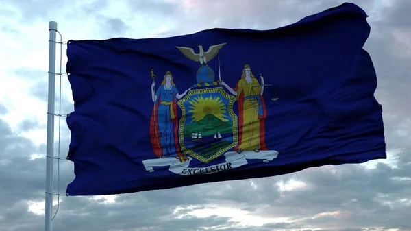 Vlag van New York wapperend in de wind tegen diepe, prachtige wolken. 3d destructie — Stockfoto