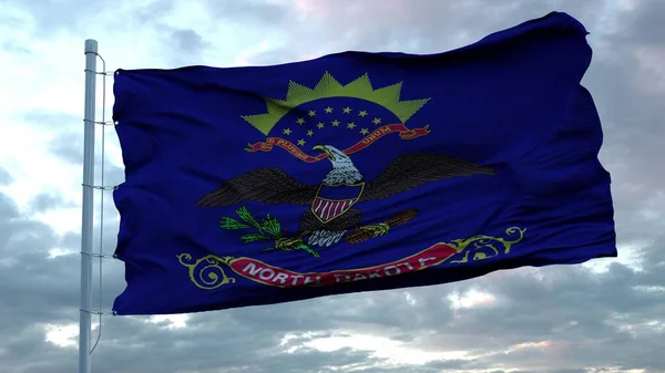 Flaga Północnej Dakoty falująca na wietrze przeciwko głębokim, pięknym chmurom nieba. 3d renderowanie — Zdjęcie stockowe