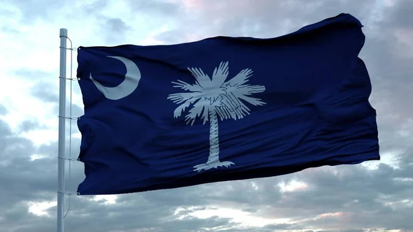 Vlag van South Carolina zwaaiend in de wind tegen diepe mooie wolken lucht, 3d rendering — Stockfoto