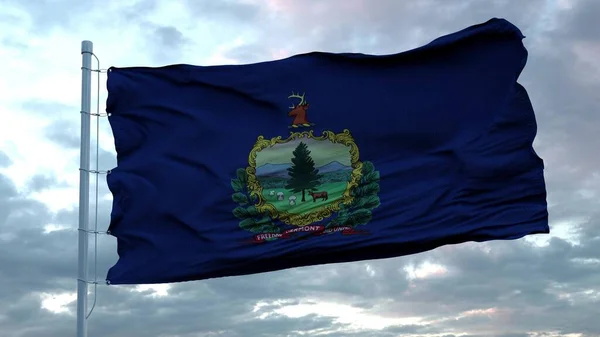 Vermont bayrağı rüzgarda dalgalanıyor. Derin bulutlara karşı. Gökyüzü, üç boyutlu. — Stok fotoğraf
