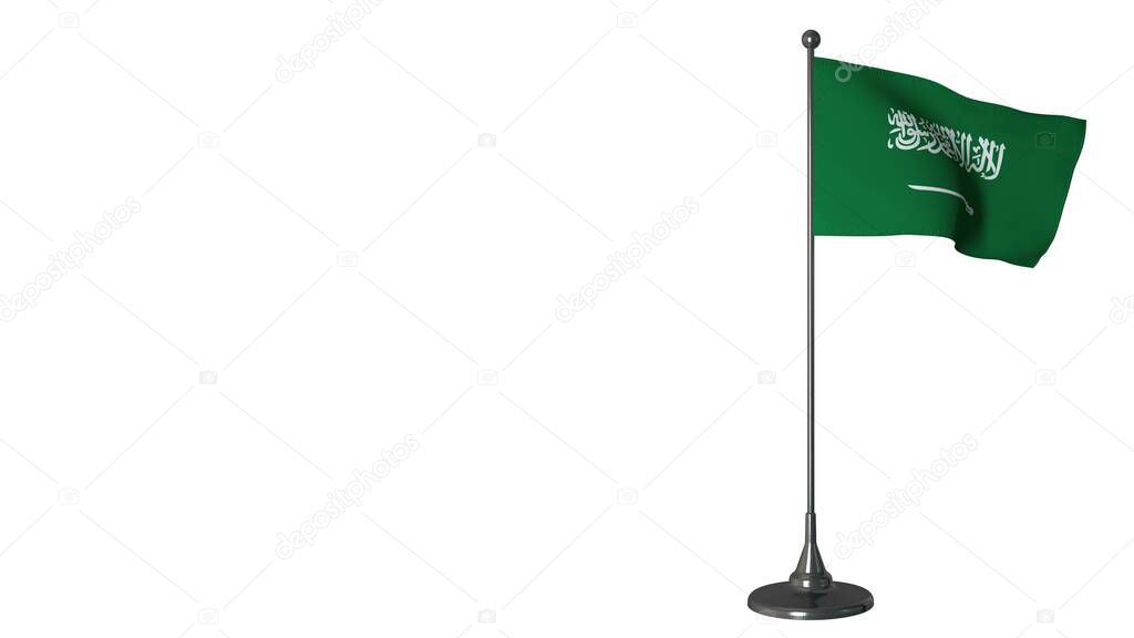 Saudi Arabia small flag fluttering on a flagpole. White screen background, 3d rendering