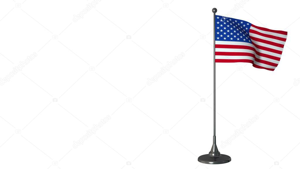 American small flag fluttering on a flagpole. White screen background, 3d rendering
