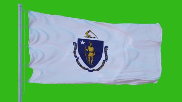 Державний прапор штату Массачусетс розмахуючи вітром проти зеленого екрану фону — стокове відео