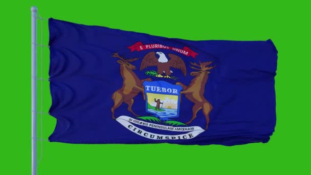 State flagga Michigan vinka i vinden mot grön skärm bakgrund — Stockvideo