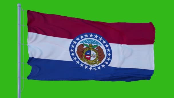 State flagga Missouri vinka i vinden mot grön skärm bakgrund — Stockvideo
