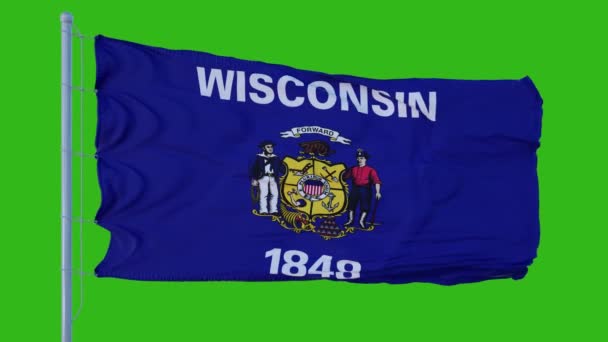 State flagga Wisconsin vinka i vinden mot grön skärm bakgrund — Stockvideo