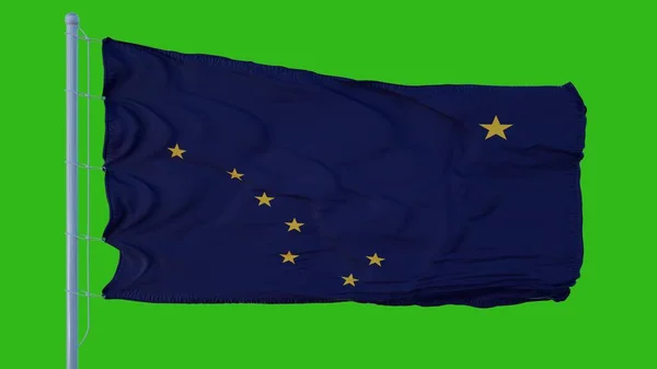 Státní vlajka Aljašky vlnící se ve větru na pozadí zelené obrazovky. 3D ilustrace — Stock fotografie