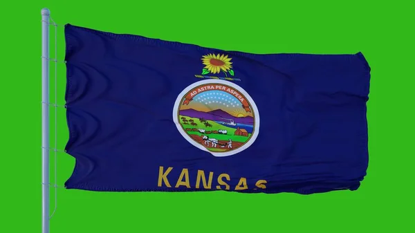 Bandera del estado de Kansas ondeando en el viento contra el fondo de pantalla verde. ilustración 3d —  Fotos de Stock