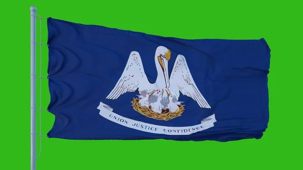 Bandeira do estado de Louisiana acenando ao vento contra fundo de tela verde. ilustração 3d — Fotografia de Stock