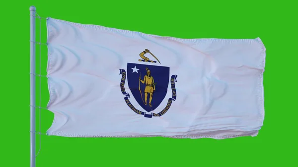 State flagga Massachusetts vinka i vinden mot grön skärm bakgrund. 3D-illustration — Stockfoto