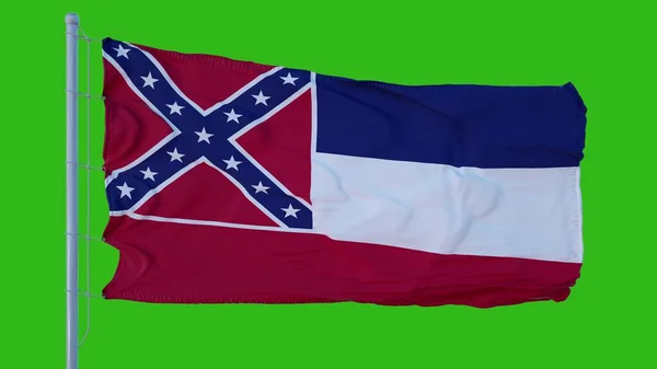 Staat vlag van Mississippi zwaaien in de wind tegen groene achtergrond scherm. 3d illustratie — Stockfoto