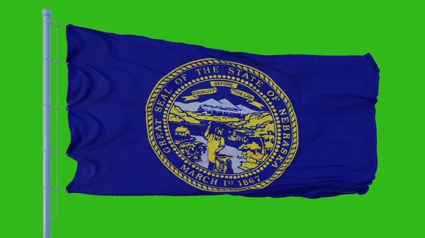 Staat vlag van Nebraska zwaaien in de wind tegen groene achtergrond scherm. 3d illustratie — Stockfoto