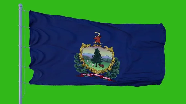 State flagga Vermont vinka i vinden mot grön skärm bakgrund. 3D-illustration — Stockfoto