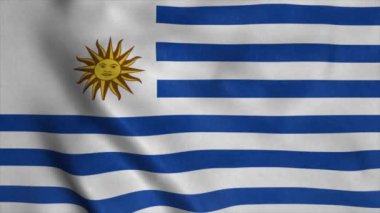 Uruguay bayrağı son derece detaylı kumaş dokusuyla rüzgarda dalgalanıyor. Kusursuz döngü, 4K
