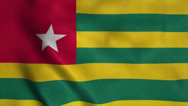 Vista frontal de la bandera nacional Togo. Bandera soplando en el viento. Texturas de alta calidad — Vídeos de Stock