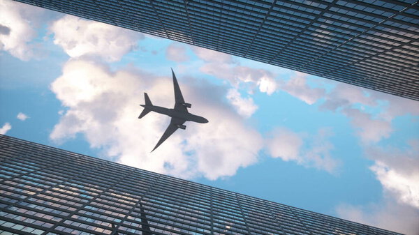 Airplane flying low over big city skyscrapers. 3d rendering.