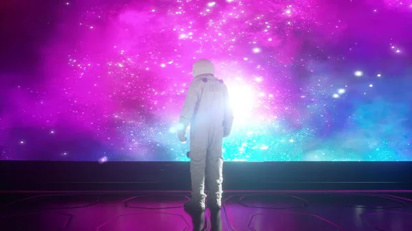 宇宙飛行士だけが星空を見ています。3Dレンダリング — ストック写真