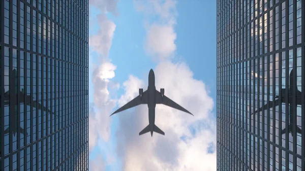 Airplane flies over office skyscrapers against a beautiful blue clouds. 3d rendering — Stock Photo, Image