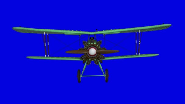 Animované vrtulové dvouplošníkové letadlo. Přední pohled. Realistická fyzikální animace. Záběry z modré obrazovky — Stock video