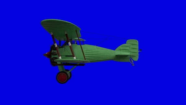 Old propeller biplane airplane. Side view. Blue screen background. 3d rendering