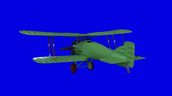 老螺旋桨双翼飞机。蓝屏背景。3d渲染 — 图库照片