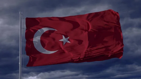 Török zászló lengett a szélben. Reális zászló háttér. Mennydörgőfelhő háttér. 3D-s renderelés — Stock Fotó