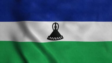 Lesotho 'nun ulusal bayrağı rüzgarda dalgalanıyor. 4K