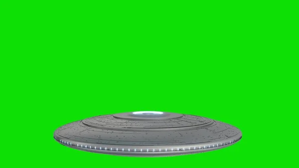 Obcy latający spodek izolowany na zielonym tle ekranu. 3d renderowanie — Zdjęcie stockowe