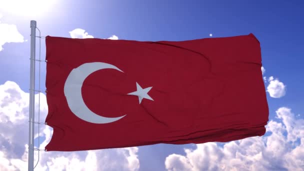 Bandera de Turquía ondeando en el viento contra el cielo azul profundo — Vídeos de Stock