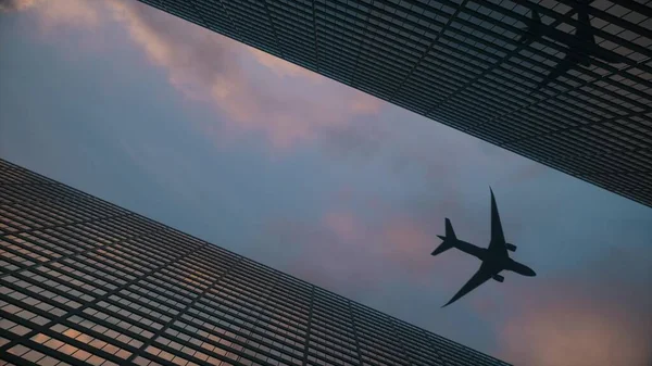 Самолет летит низко над небоскребами большого города против красивого неба. 3d иллюстрация — стоковое фото