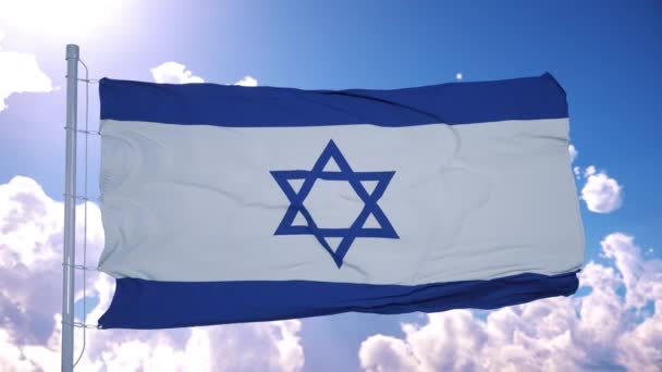 以色列国旗迎风飘扬,映衬着深蓝色的天空.4K — 图库视频影像