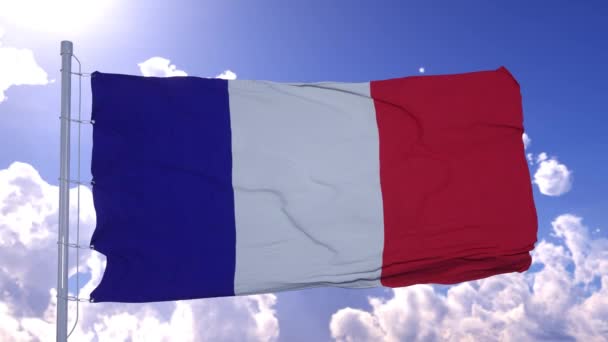 Francia bandiera sventola sullo sfondo di cielo blu chiaro — Video Stock