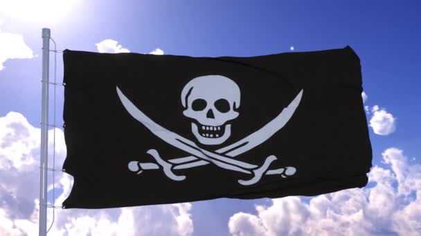 Realistische Piratenfahne weht im Wind gegen blauen Himmel — Stockvideo