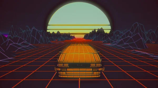 Voiture futuriste rétro avec un soleil en arrière-plan. Rendu 3d — Photo