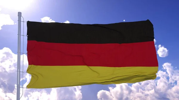 Γερμανική σημαία κυματίζει στο βάθος του καταγάλανου ουρανού. 3d απόδοση — Φωτογραφία Αρχείου