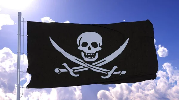 Bandera Pirata realista ondeando en viento contra el cielo azul. renderizado 3d —  Fotos de Stock