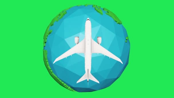 Airplane flying around cartoon earth on green background — Stock Video