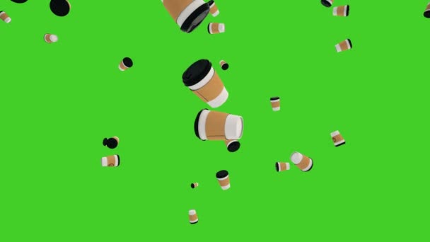 Koffie Bekers Vallende op Green Screen Achtergrond. 4K — Stockvideo